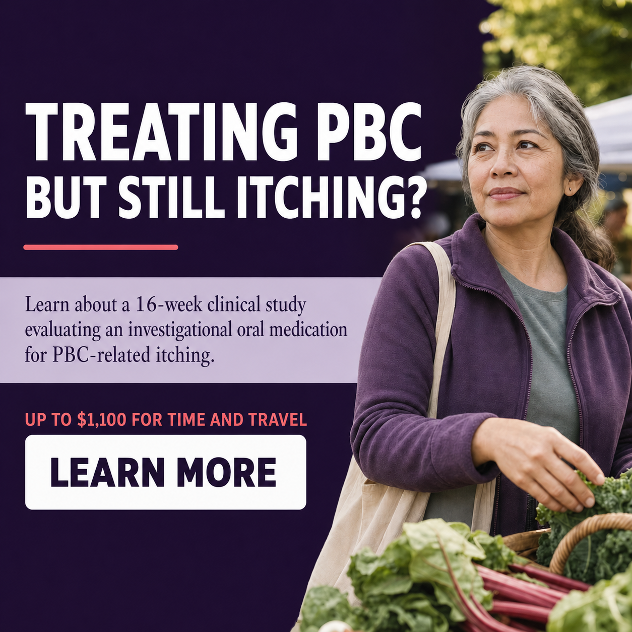Primary biliary cholangitis research ad with the headline Treating PBC but still itching